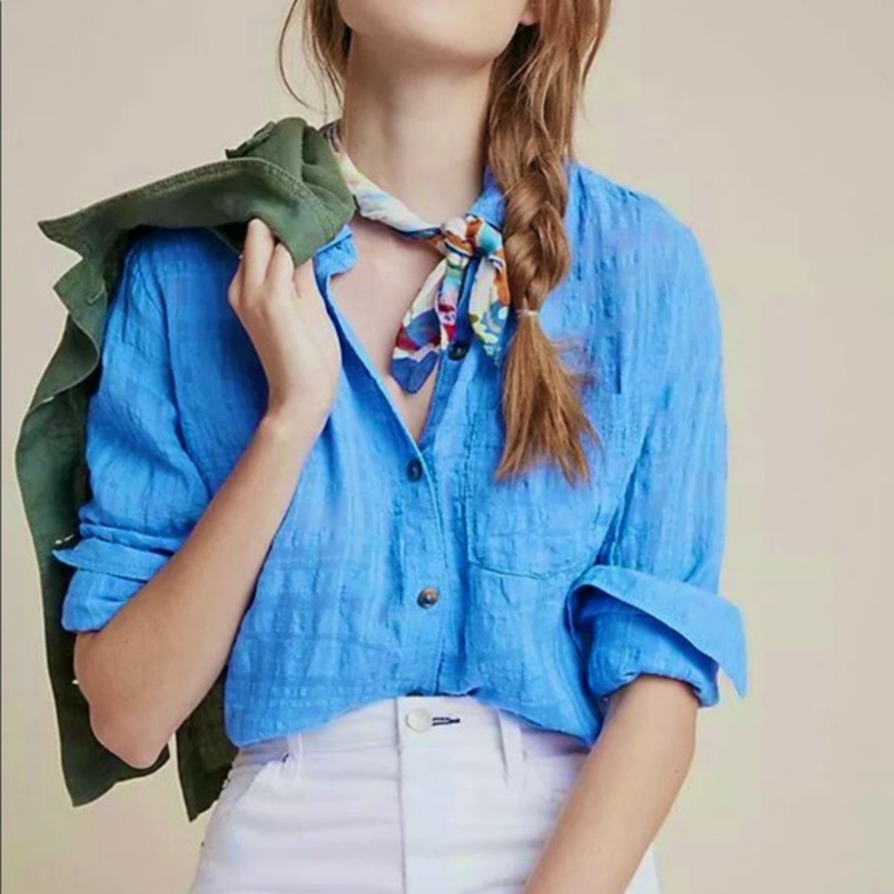 Anthropologie Pilcro and the Letterpress Blue Linen Button Down Top. Size 0.